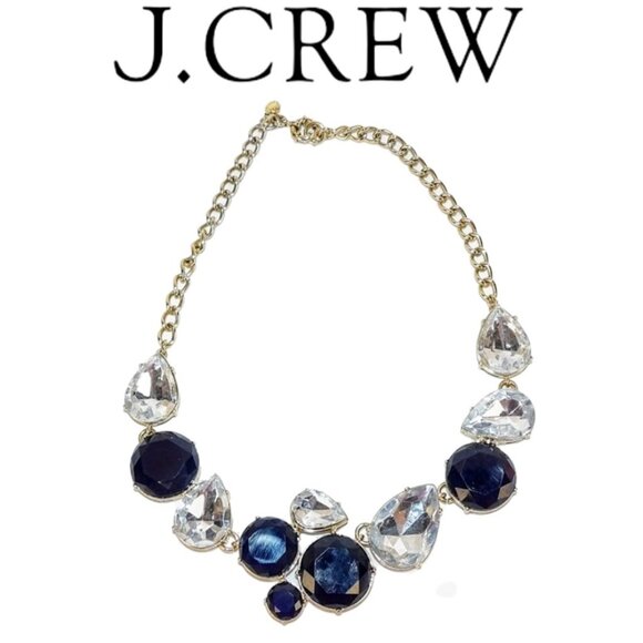J. Crew Gold Tone Signed Clear and Blue Resin Statement Necklace - Picture 1 of 9